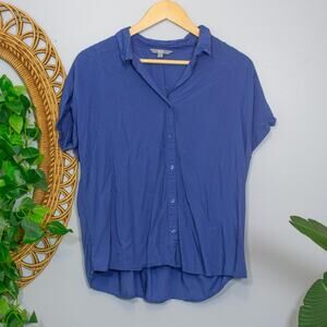 Uniqlo Blue Button Down Short Sleeve Blouse Relaxed Fit Top L | True Summer